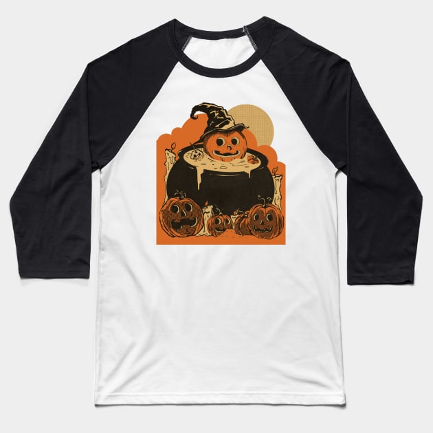 Vintage Pumpkin Witches Brew Baseball T-Shirt by 2SpookyCo